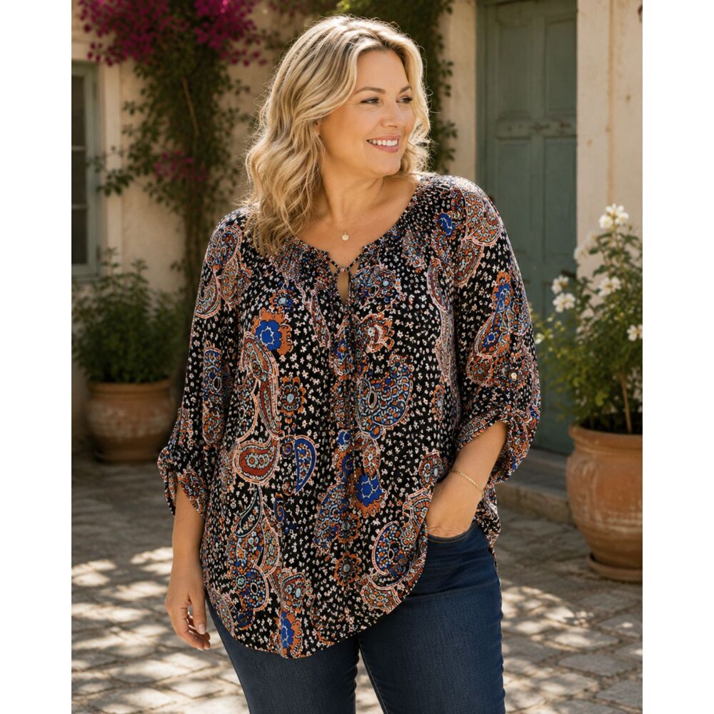 DR2 Paisley Peasant Blouse Roll Tab Sleeve Black Multicolor Size Large